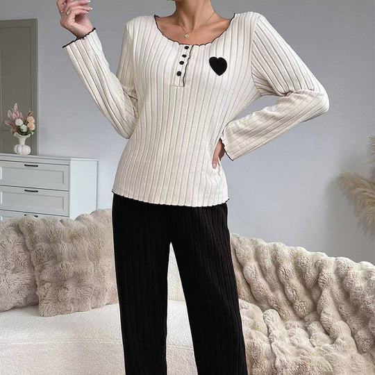 Ensemble de pyjama côtelé brodé de cœur pour femmes