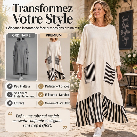Robe longue maxi à manches longues et patchwork rayé pour femme