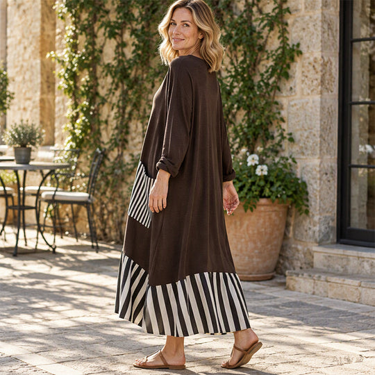 Robe longue maxi à manches longues et patchwork rayé pour femme