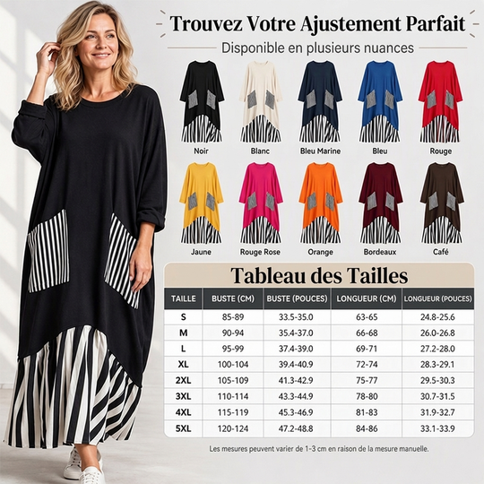 Robe longue maxi à manches longues et patchwork rayé pour femme