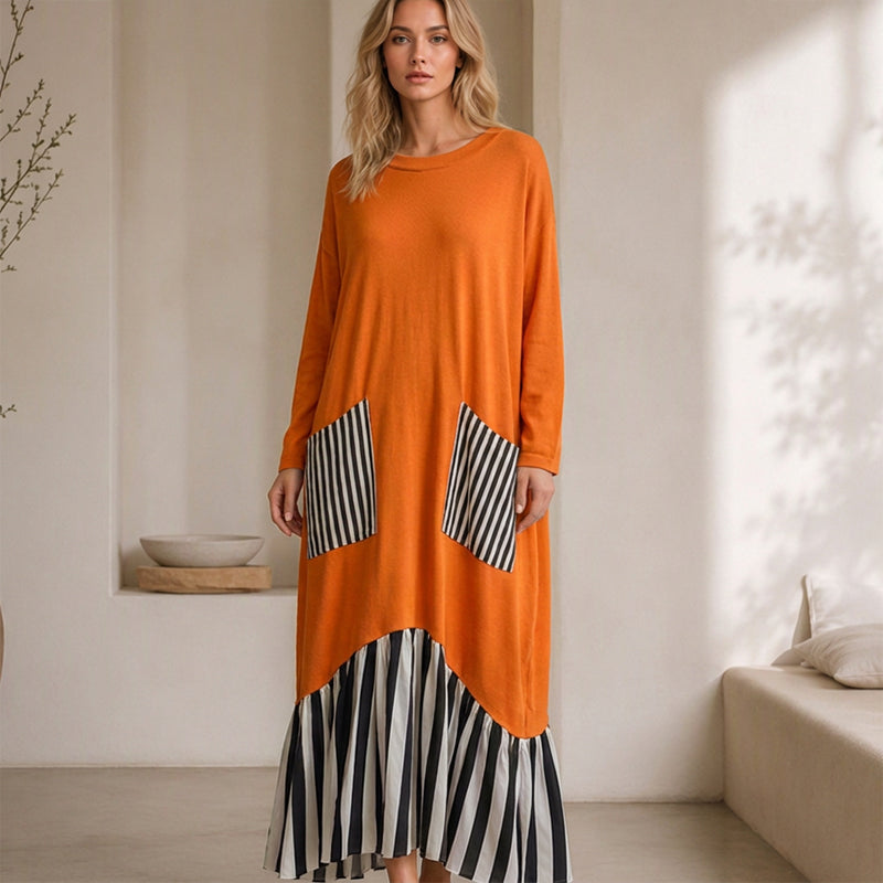 Robe longue maxi à manches longues et patchwork rayé pour femme