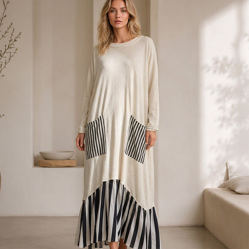 Robe longue maxi à manches longues et patchwork rayé pour femme