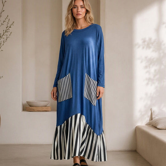 Robe longue maxi à manches longues et patchwork rayé pour femme