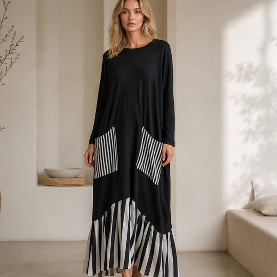 Robe longue maxi à manches longues et patchwork rayé pour femme