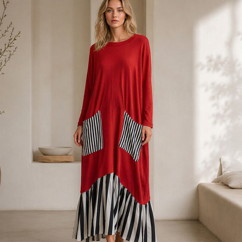 Robe longue maxi à manches longues et patchwork rayé pour femme