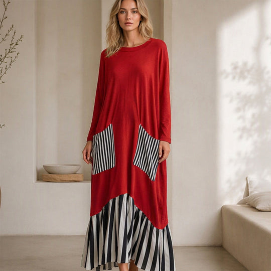 Robe longue maxi à manches longues et patchwork rayé pour femme