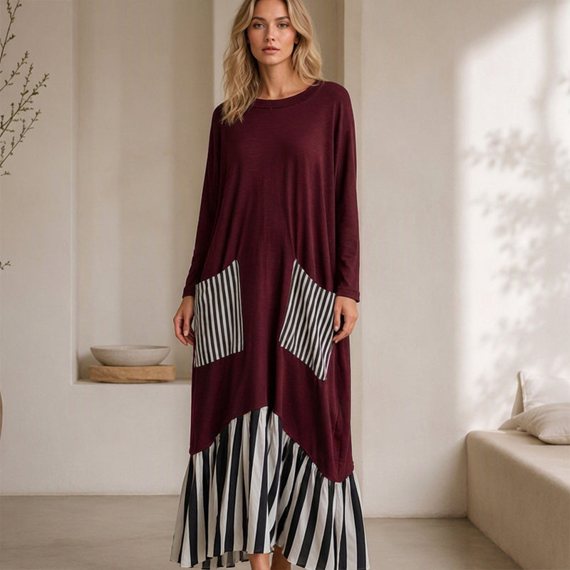Robe longue maxi à manches longues et patchwork rayé pour femme