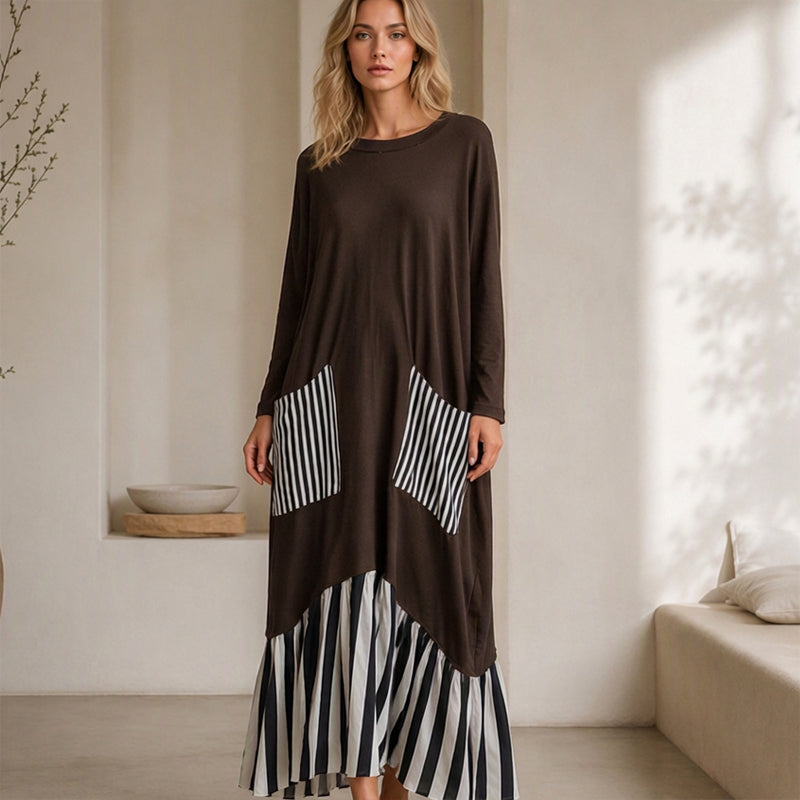 Robe longue maxi à manches longues et patchwork rayé pour femme
