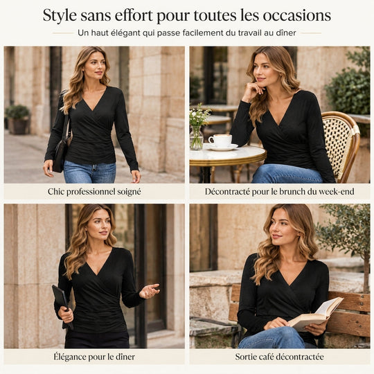 ✨ Haut femme col V à manches longues et taille froncée, coupe ajustée : facile à porter au printemps comme en automne 🌸