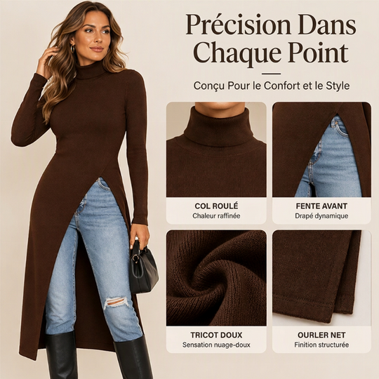 Tunique en maille à col roulé et fente haute pour femme