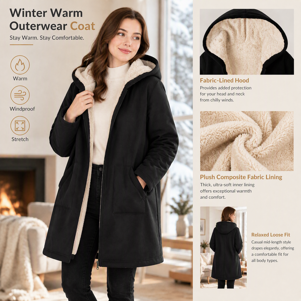 Women's Fabric Lined Hooded Warm Mid-Length Solid Color Long Sleeve Coat for Fall and Winter