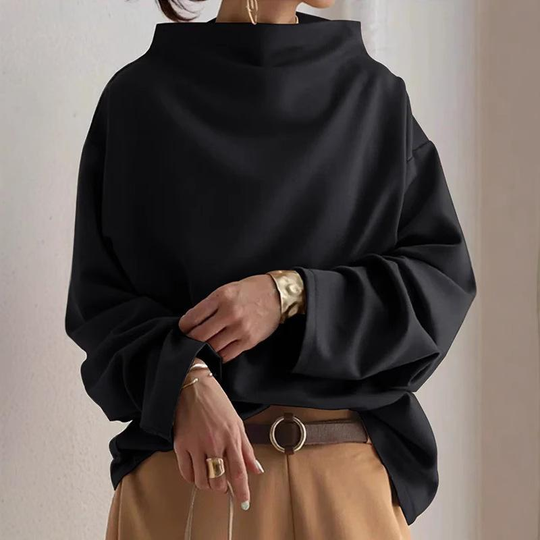 Loose Fit Mock Neck Draped Pullover Sweatshirt with Dropped Shoulders and Long Sleeves
