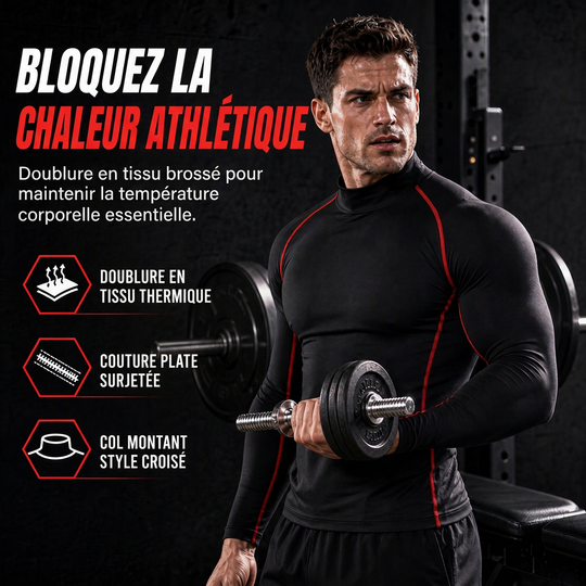 T-shirt à manches longues de compression doublé en tissu thermique d'hiver pour hommes, col haut, couche de base pour la course à pied et l'entraînement sportif