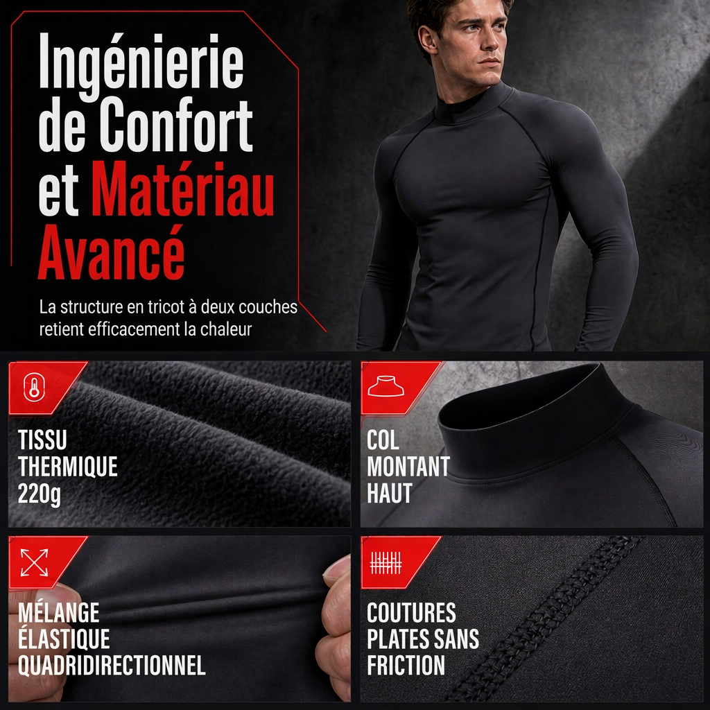 T-shirt à manches longues de compression doublé en tissu thermique d'hiver pour hommes, col haut, couche de base pour la course à pied et l'entraînement sportif
