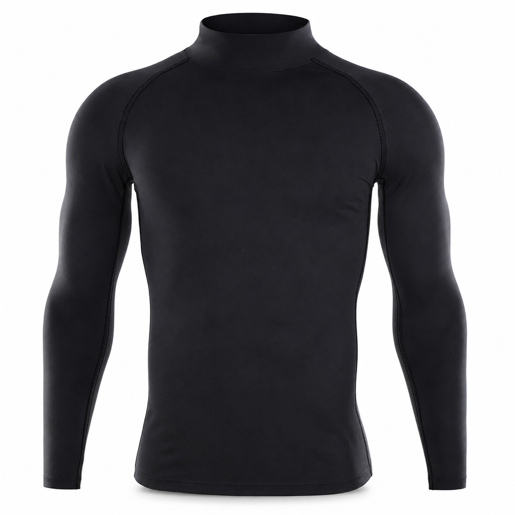 T-shirt à manches longues de compression doublé en tissu thermique d'hiver pour hommes, col haut, couche de base pour la course à pied et l'entraînement sportif
