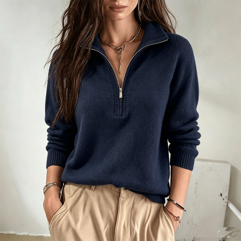 Pull femme décontracté à col demi-zippé et couleur unie
