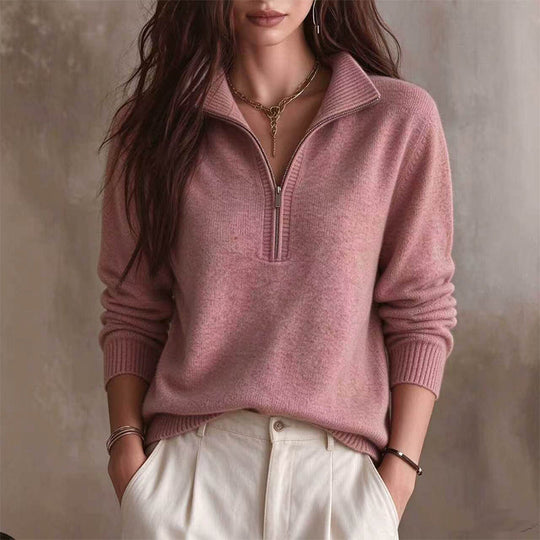 Pull femme décontracté à col demi-zippé et couleur unie