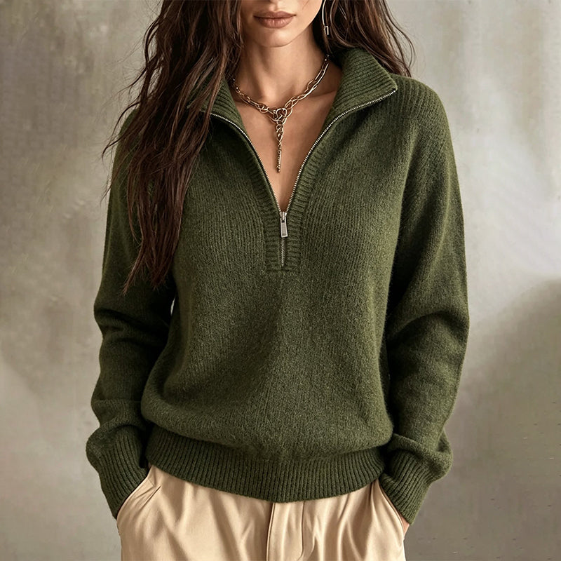 Pull femme décontracté à col demi-zippé et couleur unie