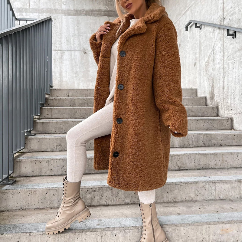 Women's Warm Plush Button-Down Lapel Coat