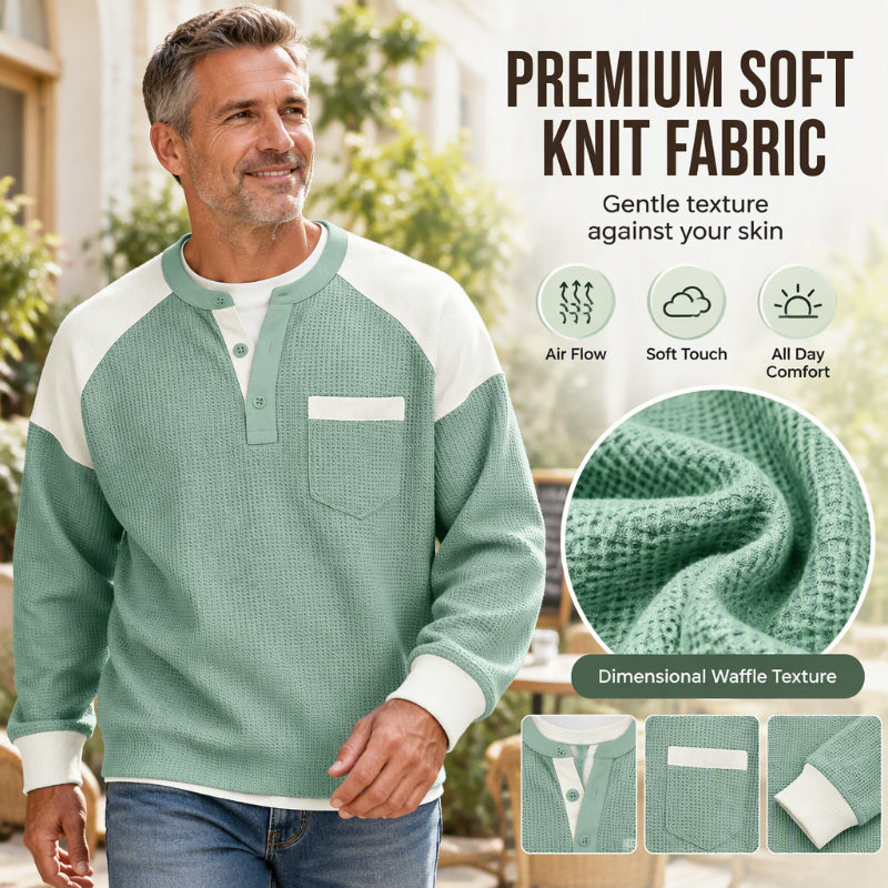 Men's Casual Color-Block Waffle Knit Henley Top