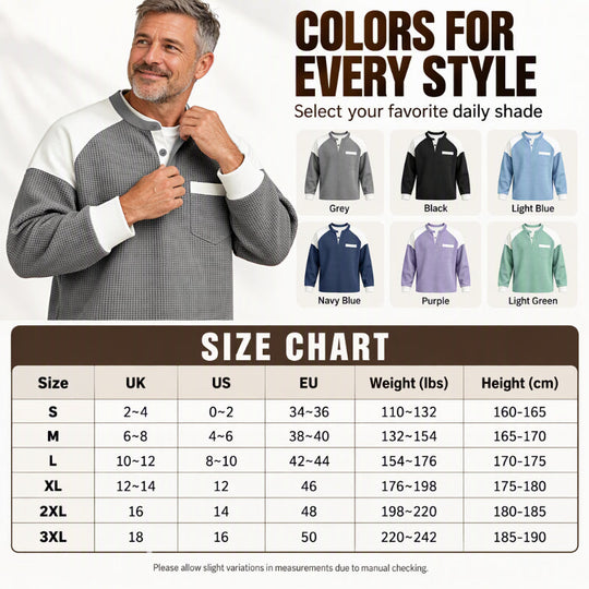 Men's Casual Color-Block Waffle Knit Henley Top