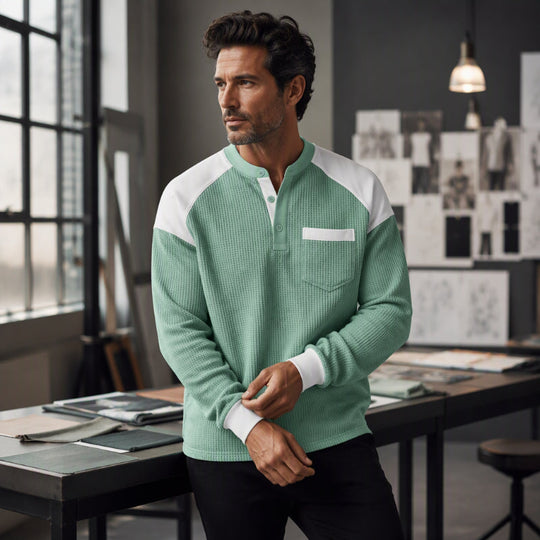 Haut Henley décontracté en maille gaufrée à blocs de couleurs pour hommes