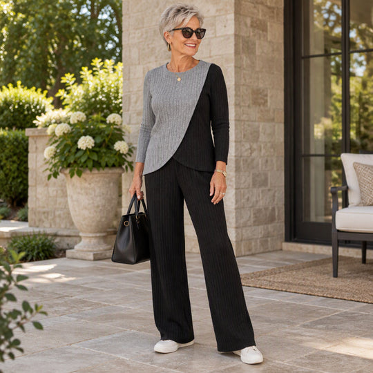 Women's Casual Color Block Ribbed Knit 2-Piece Set