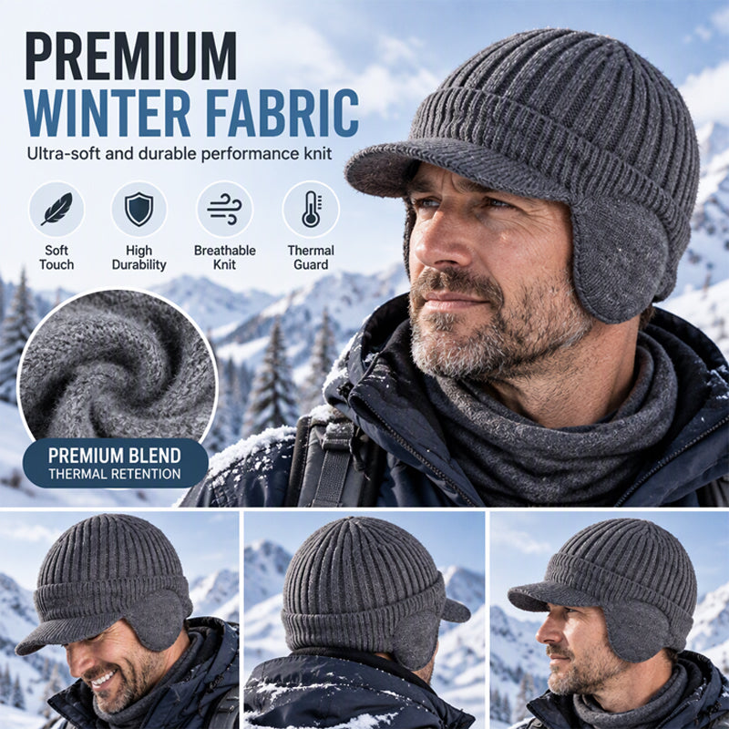 🧢 Cozy Ear Coverage, Structured Brim Detail | Men's Winter Knit Beanie Hat with Brim & Ear Flaps
