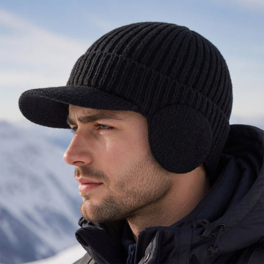 🧢 Cozy Ear Coverage, Structured Brim Detail | Men's Winter Knit Beanie Hat with Brim & Ear Flaps