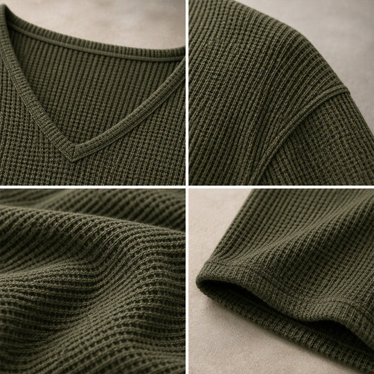 Women's Waffle Knit V-Neck Long Sleeve Top