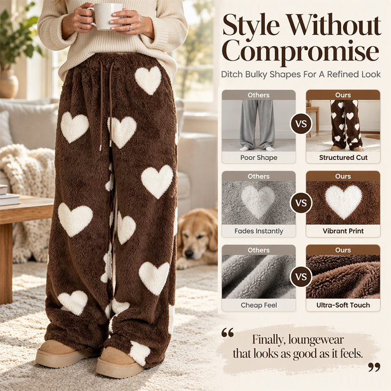 Women's Heart Print Plush Wide-Leg Pants