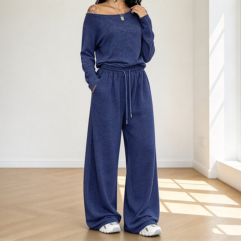 Women's Off-Shoulder Long Sleeve Top & Wide-Leg Pants Set