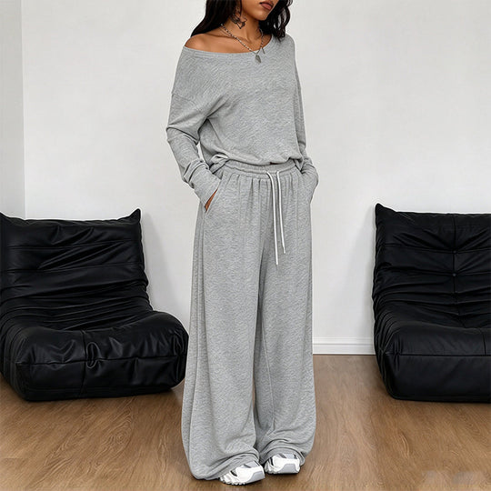 Women's Off-Shoulder Long Sleeve Top & Wide-Leg Pants Set
