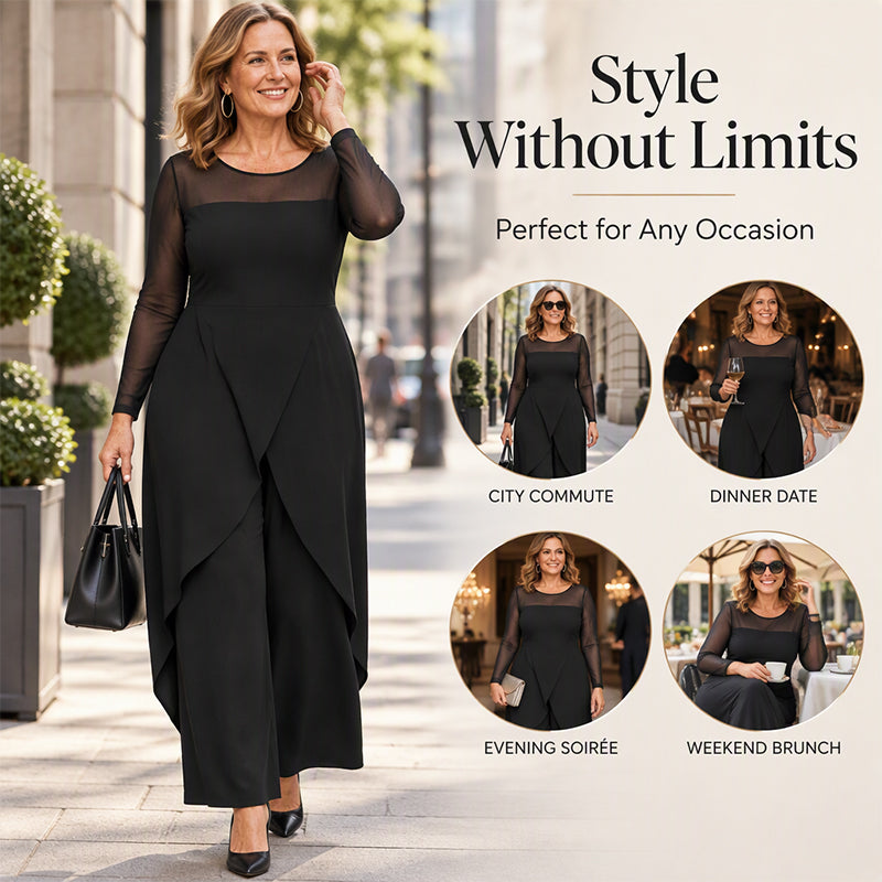Women's Elegant Mesh Long Sleeve Jumpsuit with Wrap Overlay