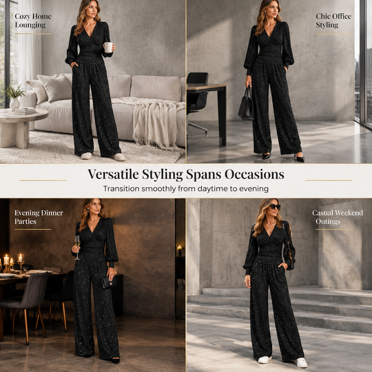 ✨ Women's Deep V-Neck Lantern Sleeve Ruched Top & Pocket Wide-Leg Pants Set