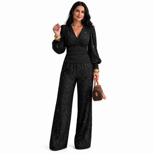 ✨ Women's Deep V-Neck Lantern Sleeve Ruched Top & Pocket Wide-Leg Pants Set