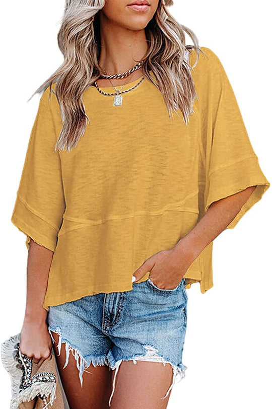 ✨2026 HOT SALE 50% OFF💃🌸Women's Solid Color Splicing Loose Five Points Flare Sleeve T-Shirt